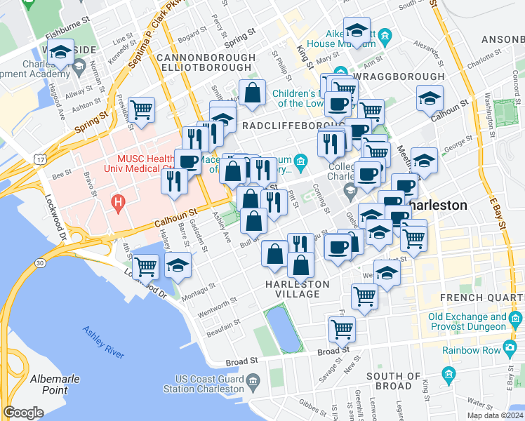 map of restaurants, bars, coffee shops, grocery stores, and more near 13 Smith Place in Charleston