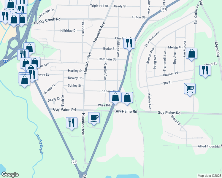 map of restaurants, bars, coffee shops, grocery stores, and more near 955 Putnam Street in Macon