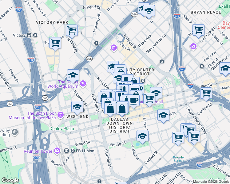 map of restaurants, bars, coffee shops, grocery stores, and more near 409 North Akard Street in Dallas