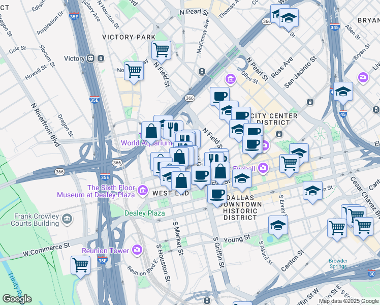 map of restaurants, bars, coffee shops, grocery stores, and more near 549 Ross Avenue in Dallas
