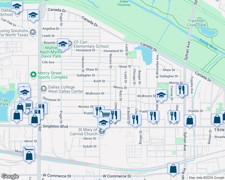 map of restaurants, bars, coffee shops, grocery stores, and more near 3318 Navaro St in Dallas