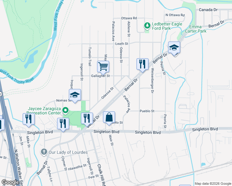 map of restaurants, bars, coffee shops, grocery stores, and more near 4916 Bernal Drive in Dallas