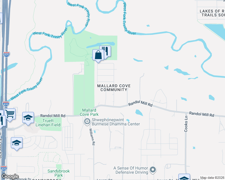 map of restaurants, bars, coffee shops, grocery stores, and more near 136 Goldeneye Lane in Fort Worth
