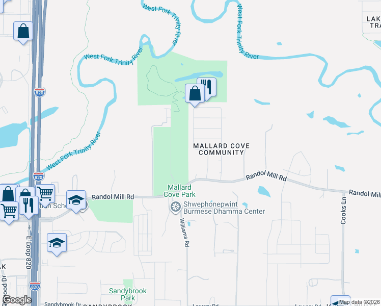 map of restaurants, bars, coffee shops, grocery stores, and more near 7220 Wild Wing Drive in Fort Worth