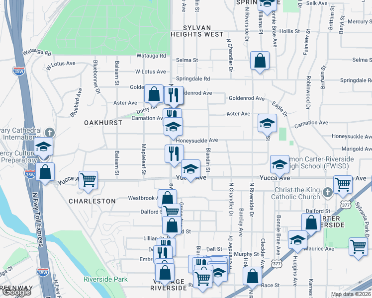map of restaurants, bars, coffee shops, grocery stores, and more near 2612 Marigold Avenue in Fort Worth
