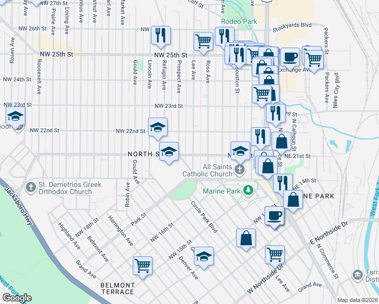 map of restaurants, bars, coffee shops, grocery stores, and more near 2023 Lee Avenue in Fort Worth