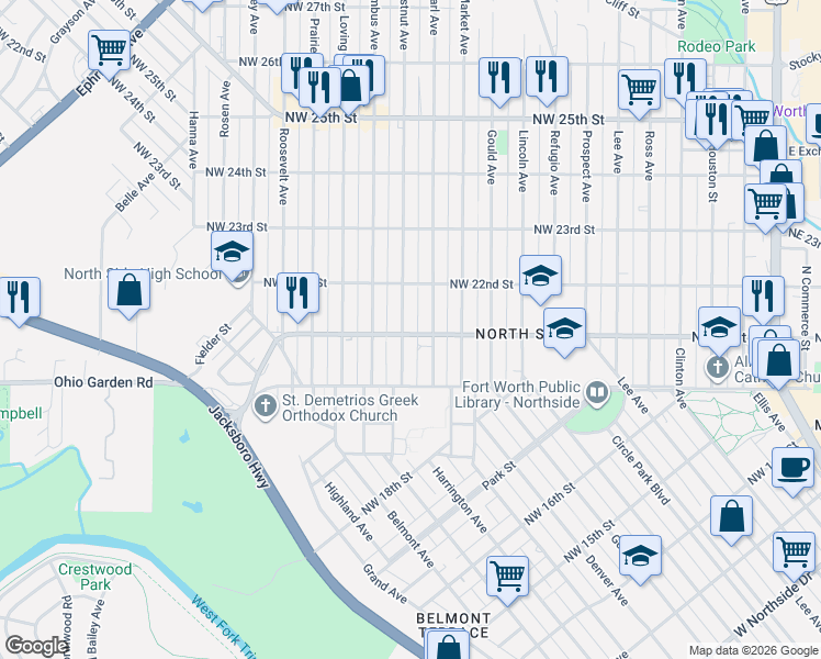 map of restaurants, bars, coffee shops, grocery stores, and more near 2016 Chestnut Avenue in Fort Worth