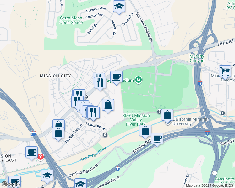 map of restaurants, bars, coffee shops, grocery stores, and more near 2355 Northside Drive in San Diego