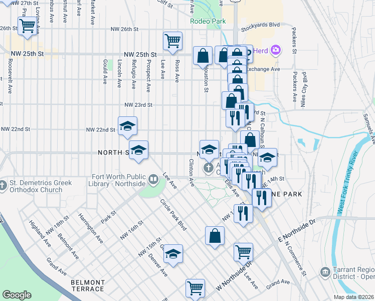 map of restaurants, bars, coffee shops, grocery stores, and more near 2021 Clinton Avenue in Fort Worth