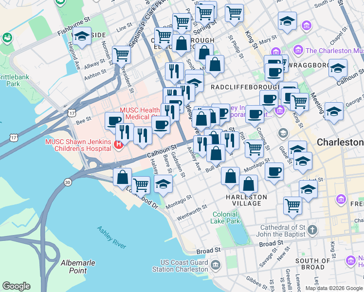 map of restaurants, bars, coffee shops, grocery stores, and more near 133 Ashley Avenue in Charleston