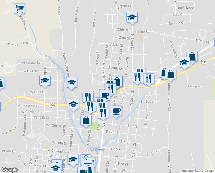 map of restaurants, bars, coffee shops, grocery stores, and more near 1721 North Juniper Avenue in Silver City