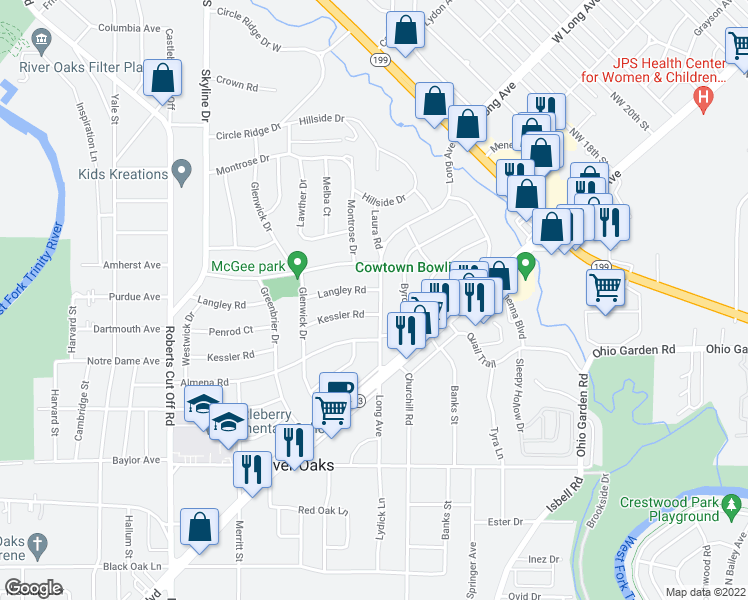 map of restaurants, bars, coffee shops, grocery stores, and more near 1459 Long Avenue in River Oaks