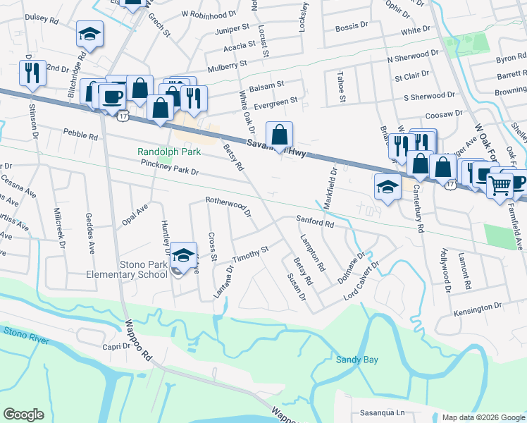 map of restaurants, bars, coffee shops, grocery stores, and more near 413 Betsy Road in Charleston