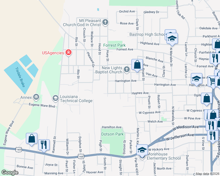 map of restaurants, bars, coffee shops, grocery stores, and more near 1002 Haynes Avenue in Bastrop