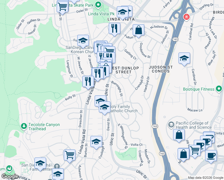 map of restaurants, bars, coffee shops, grocery stores, and more near 2055 Westinghouse Street in San Diego