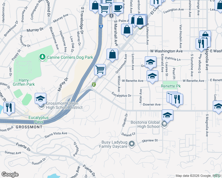 map of restaurants, bars, coffee shops, grocery stores, and more near 1178 Eucalyptus Drive in El Cajon