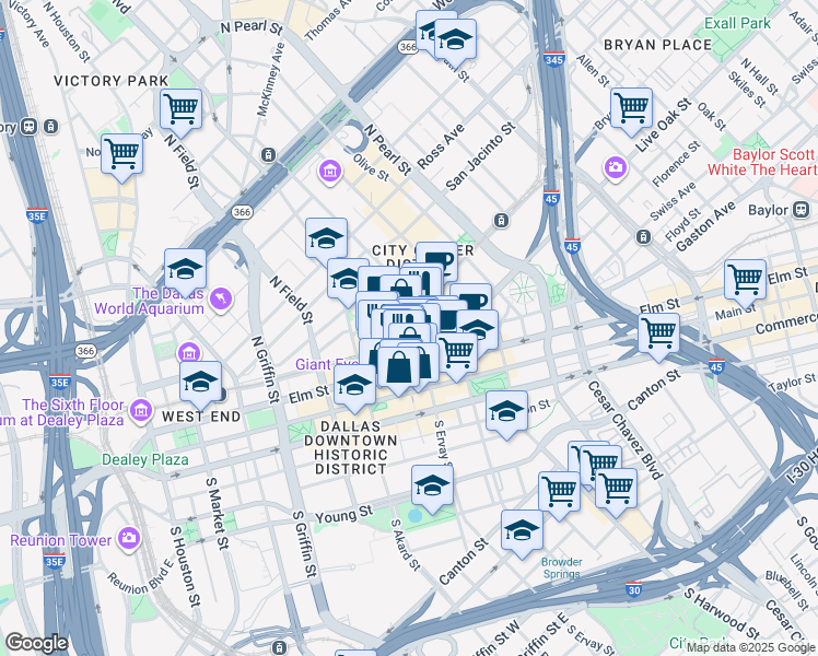 map of restaurants, bars, coffee shops, grocery stores, and more near 223 North Ervay Street in Dallas