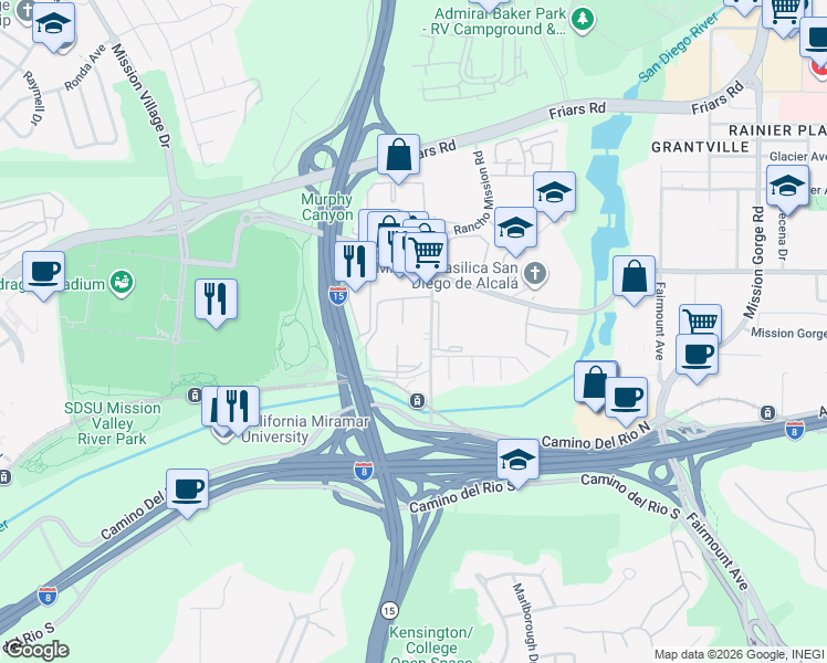 map of restaurants, bars, coffee shops, grocery stores, and more near 5906 Rancho Mission Road in San Diego