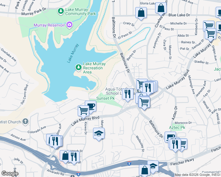map of restaurants, bars, coffee shops, grocery stores, and more near in La Mesa