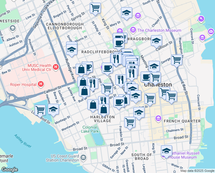 map of restaurants, bars, coffee shops, grocery stores, and more near 18 Bull Street in Charleston