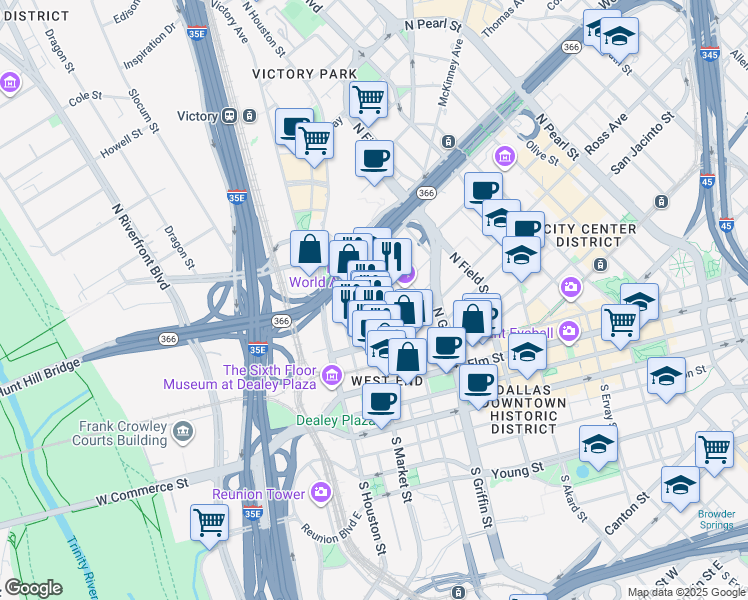 map of restaurants, bars, coffee shops, grocery stores, and more near in Dallas