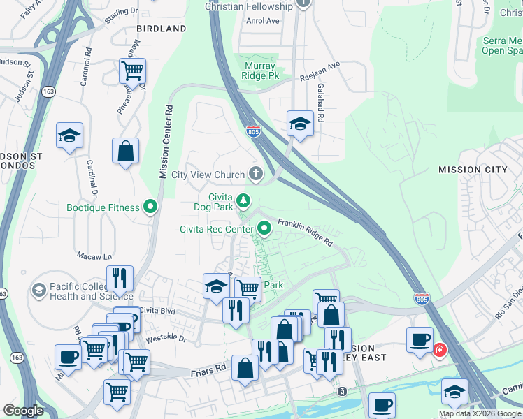 map of restaurants, bars, coffee shops, grocery stores, and more near 2836 Via Alta in San Diego