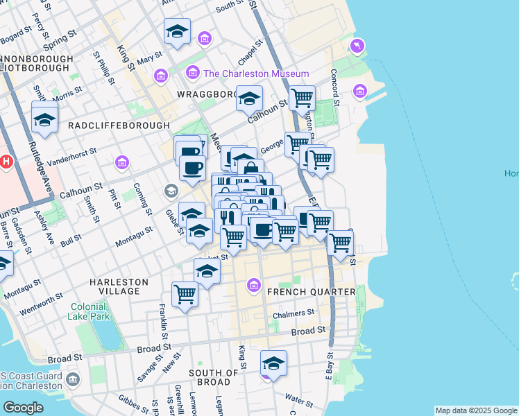 map of restaurants, bars, coffee shops, grocery stores, and more near 237 Meeting Street in Charleston