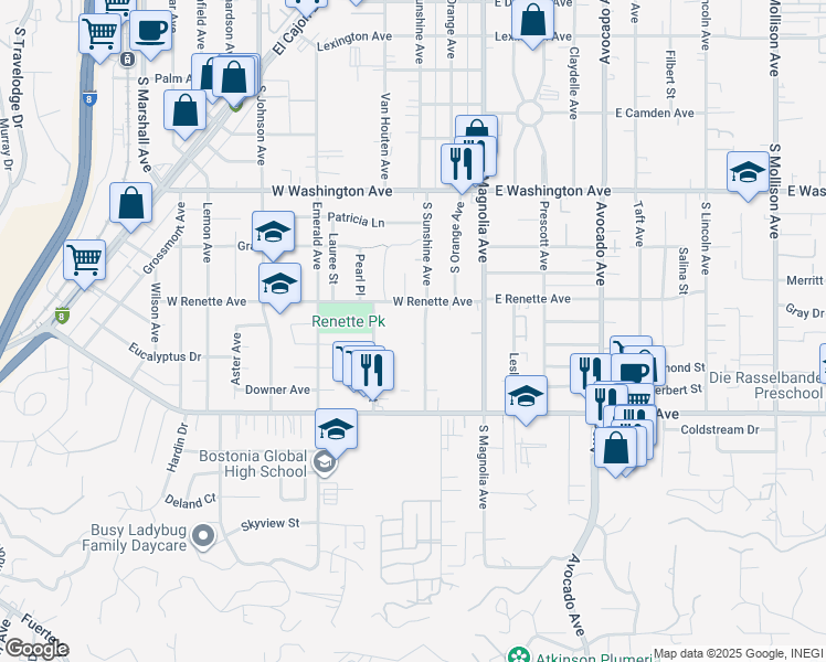 map of restaurants, bars, coffee shops, grocery stores, and more near 966 South Sunshine Avenue in El Cajon