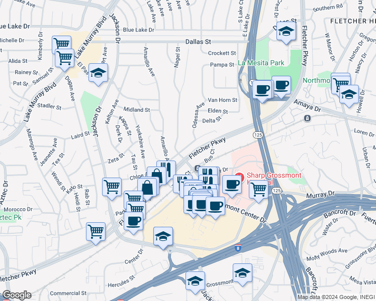 map of restaurants, bars, coffee shops, grocery stores, and more near 8717 Fletcher Parkway in La Mesa