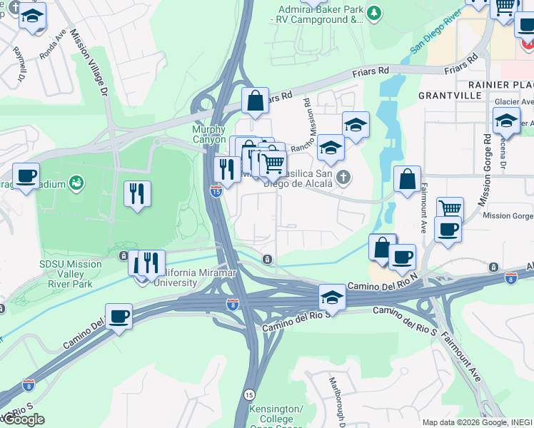 map of restaurants, bars, coffee shops, grocery stores, and more near 5906 Rancho Mission Road in San Diego