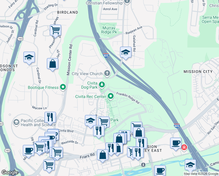 map of restaurants, bars, coffee shops, grocery stores, and more near 2836 Via Alta in San Diego