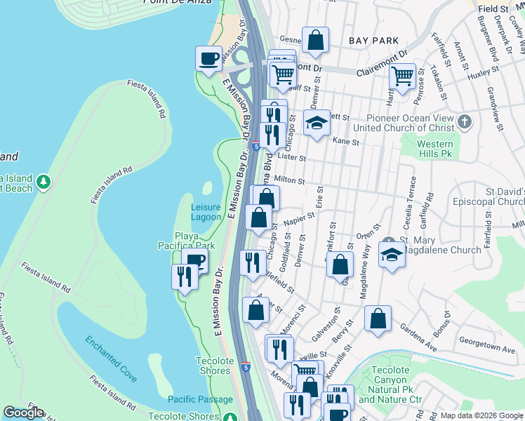 map of restaurants, bars, coffee shops, grocery stores, and more near 2005 Morena Boulevard in San Diego