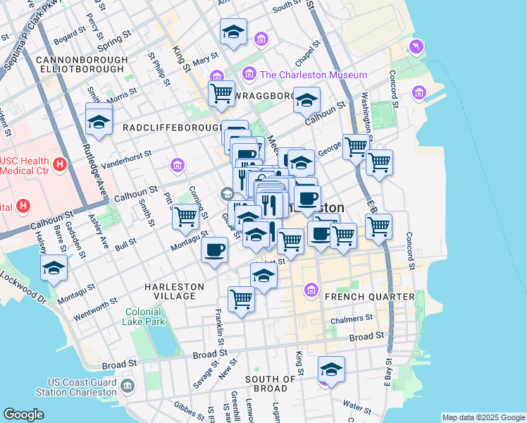 map of restaurants, bars, coffee shops, grocery stores, and more near 5 Liberty Street in Charleston