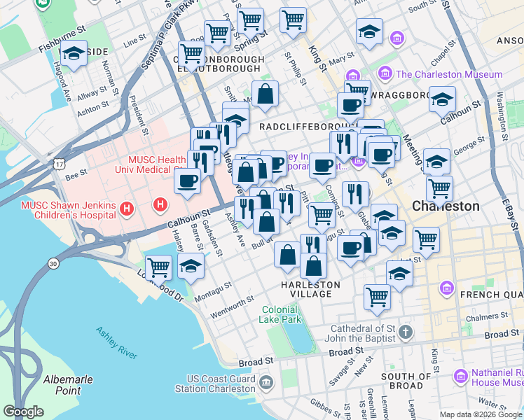 map of restaurants, bars, coffee shops, grocery stores, and more near 13 Smith Place in Charleston