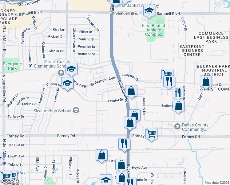 map of restaurants, bars, coffee shops, grocery stores, and more near 8043 Chariot Drive in Dallas