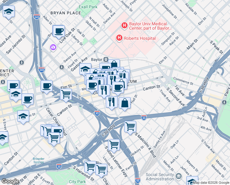 map of restaurants, bars, coffee shops, grocery stores, and more near 2908 Canton Street in Dallas