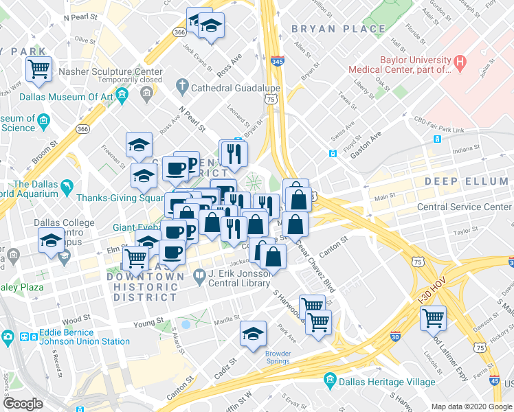 map of restaurants, bars, coffee shops, grocery stores, and more near in Dallas