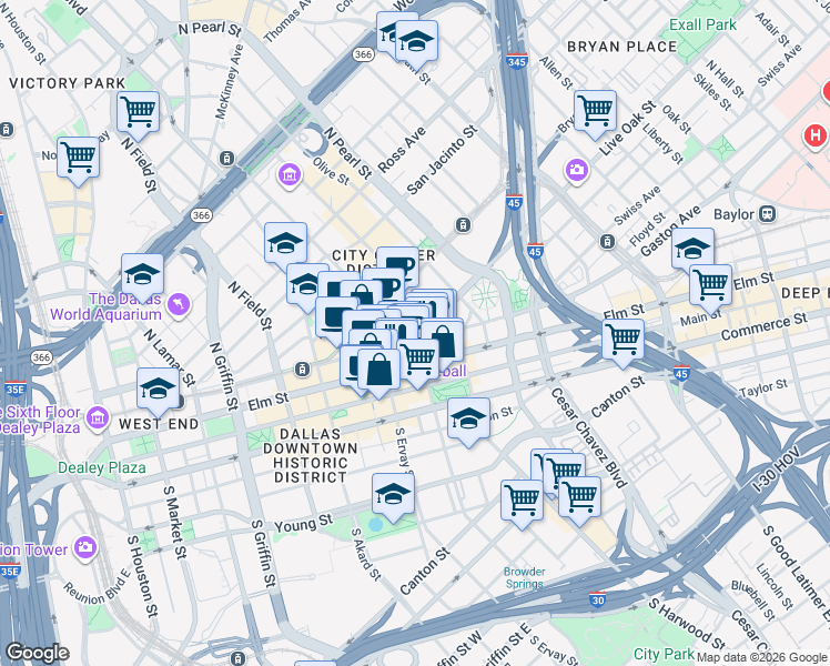 map of restaurants, bars, coffee shops, grocery stores, and more near 1700 Pacific Avenue in Dallas