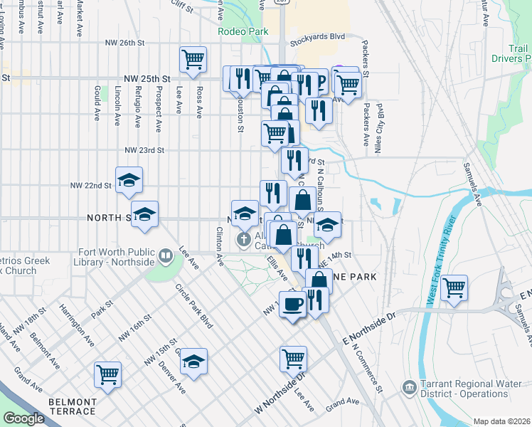map of restaurants, bars, coffee shops, grocery stores, and more near 2020 Ellis Avenue in Fort Worth