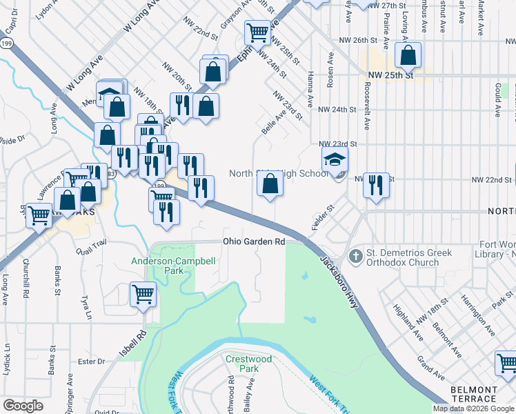 map of restaurants, bars, coffee shops, grocery stores, and more near 2135 Jacksboro Highway in Fort Worth