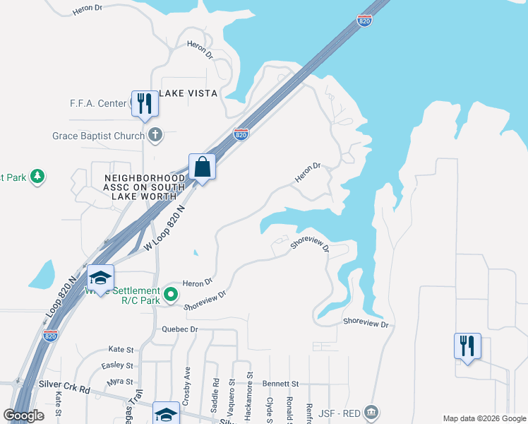 map of restaurants, bars, coffee shops, grocery stores, and more near 8120 Heron Drive in Fort Worth
