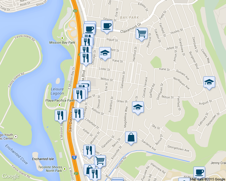 map of restaurants, bars, coffee shops, grocery stores, and more near Frankfort St & Napier St in San Diego