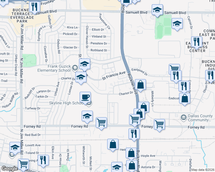 map of restaurants, bars, coffee shops, grocery stores, and more near 8001 A Rothington Road in Dallas