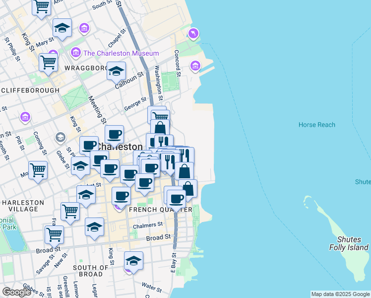 map of restaurants, bars, coffee shops, grocery stores, and more near Concord Street in Charleston