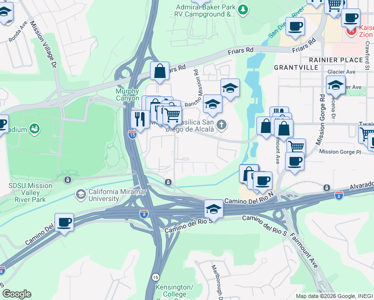 map of restaurants, bars, coffee shops, grocery stores, and more near 6009 Rancho Mission Road in San Diego