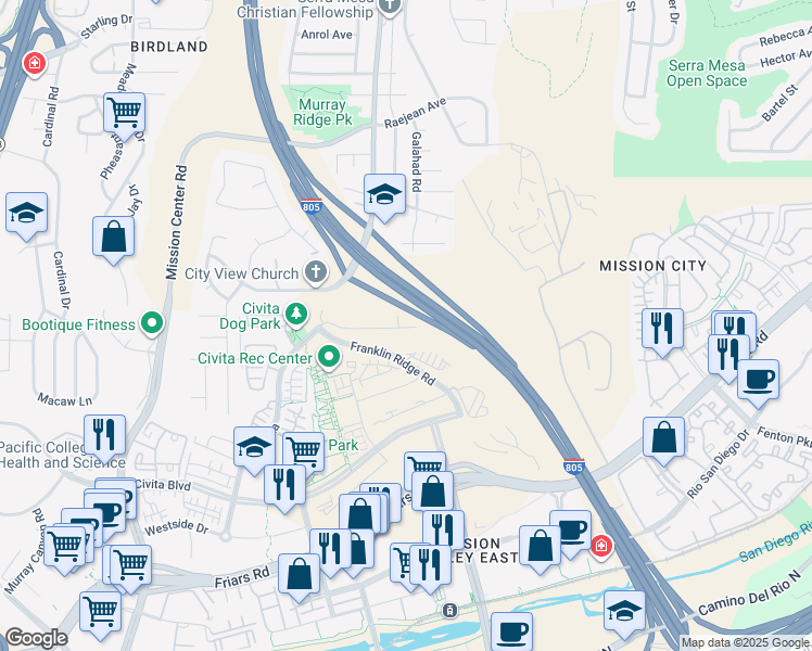 map of restaurants, bars, coffee shops, grocery stores, and more near 2950 Via Alta Place in San Diego