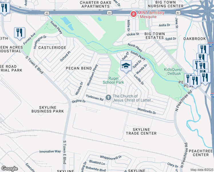 map of restaurants, bars, coffee shops, grocery stores, and more near 2903 Portsmouth Drive in Mesquite