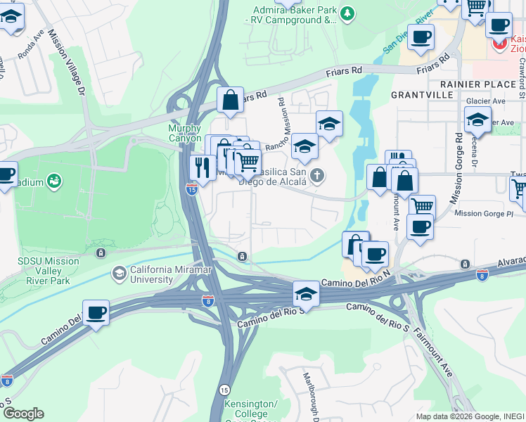 map of restaurants, bars, coffee shops, grocery stores, and more near 6009 Rancho Mission Road in San Diego