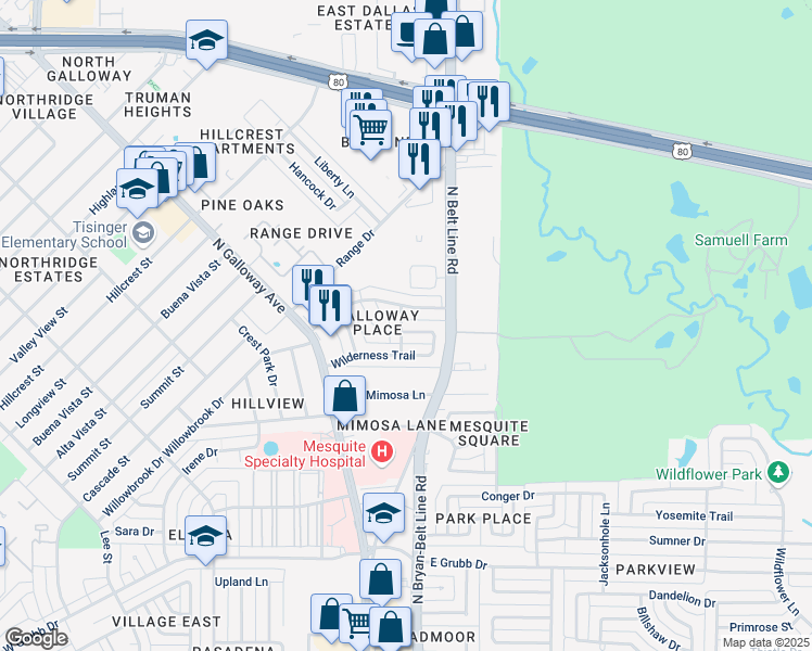 map of restaurants, bars, coffee shops, grocery stores, and more near 115 Wilderness Trail in Mesquite