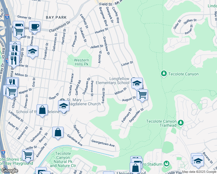 map of restaurants, bars, coffee shops, grocery stores, and more near 2244 Milton Court in San Diego